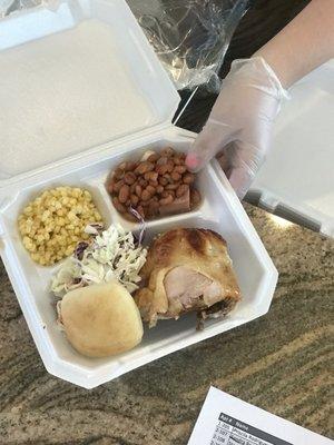 Rotisserie chicken, cole slaw, corn, pintos and a roll