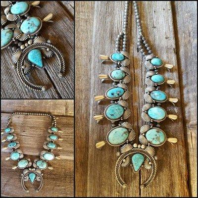 Delbert Gordon squash blossom necklace with Fox Mine turquoise. https://www.rodstelterjeweler.com/turquoise-navajo-native-american