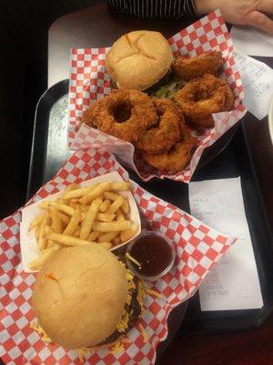 Massive onion rings and burgers