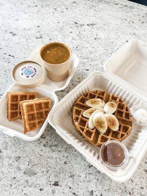 VEGAN pumpkin chai spice waffle topped with bruleed banana and cornbread waffle with pumpkin chili