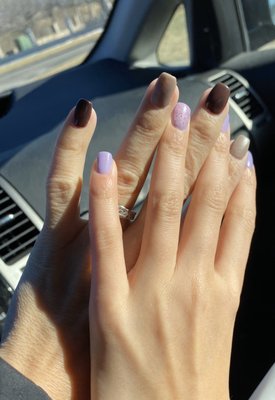 Fill-in, gel mani with 2 matte colored nails on each hand and gel colored  brown  Gel mani with purple color and glitter over one nail