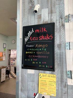 Additional menu with milk tea shakes and hot drinks