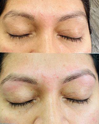 Before and after look of eyebrows after Threading .