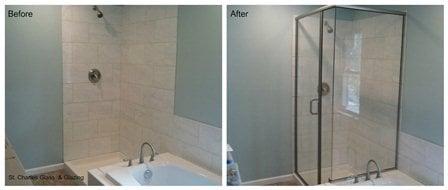 Shower before and after installed by St. Charles Glass & Glazing.