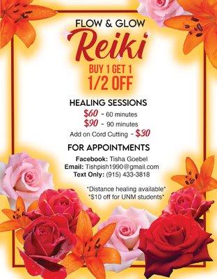 Beginning February 1st 2021 through February 28th 2021, buy one Reiki session and get one Reiki session half off.