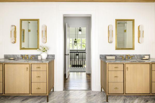 Primary Bath Vanities centered on wall and windows beyond.