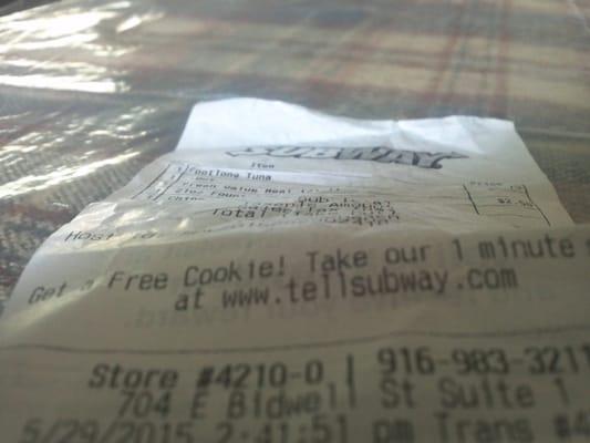 close up of my receipt from E Bidwell Subway folsom