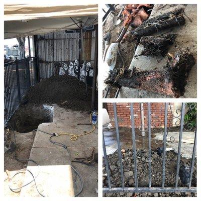 6 foot deep hole massive root intrusion in clay pipe installed two clean outs for proper maintenance to apartment building