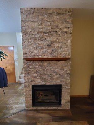 Fireplace with stone veneer