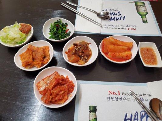 Standard banchan spread. The kimchi pancakes are bomb