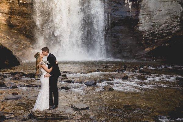 Looking Glass Falls, Asheville, elopement, wedding, kissing couple