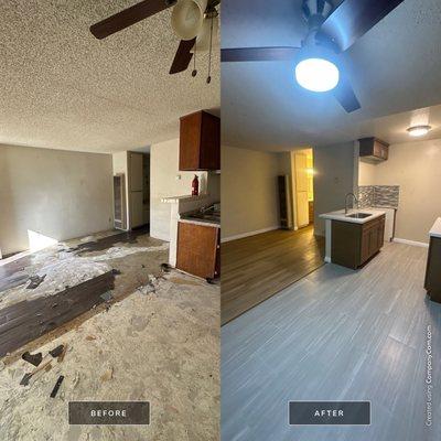 Before and after kitchen remodel. Tile in the kitchen, SpC flooring in the living room, coffee shaker cabinets, and wall mosaic.