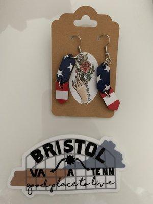 cute new earrings (handmade) and Bristol sticker!