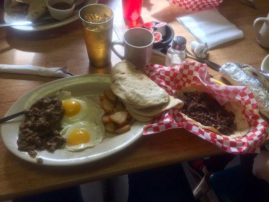 Carne Guisada Plate and Barbacoa Taco