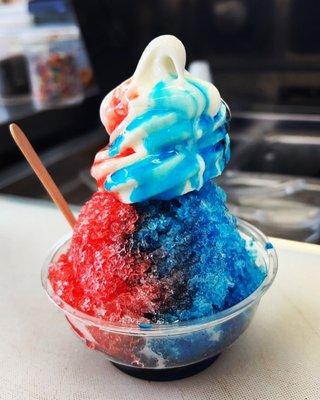 Hawaiian shaved ice topped with creamy vanilla soft serve