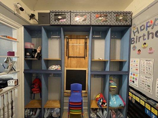 Handmade cubbies and fold up table