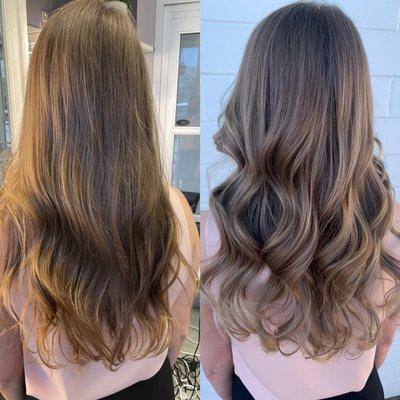 Before and after - long layers and warm/natural balayage