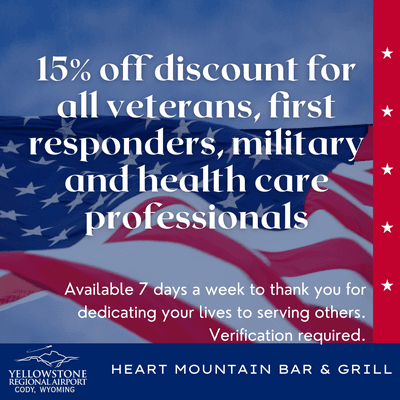 15% discount for all veterans, first responders, military and health care professionals.