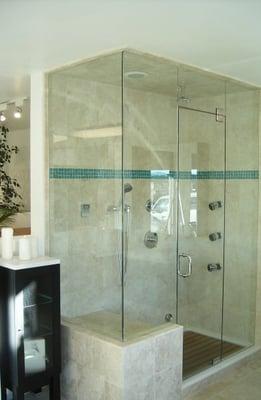 An example of a glass shower enclosure Beverly Glass Service recently installed