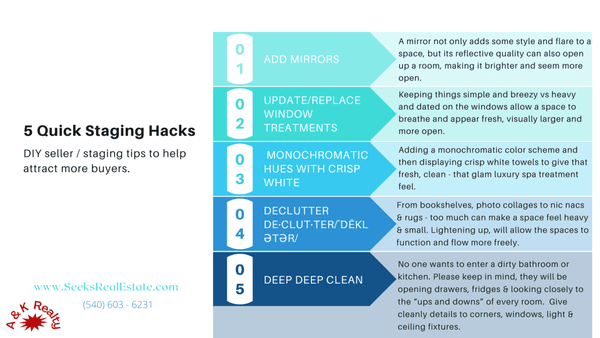 Staging Hacks - Tips from the pros | www.SeeksRealEstate.com | 540-603-6231