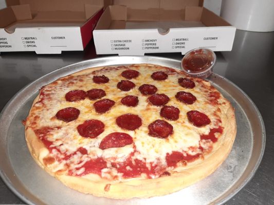 Our beef pepperoni pizza 
Thin or pan crust comes in 4 sizes ask for the free pizza