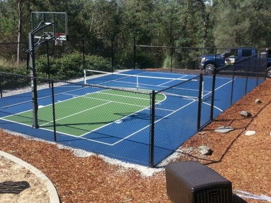 This is a ground up build. The customer only had room for a pickle ball court and half key basket ball court. It was a fun project.