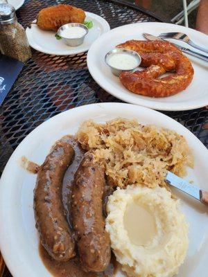 Bratwurst plate, pretzel (with gorgonzola dip!), and jalapeño popper