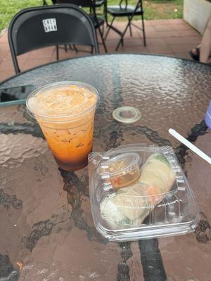 Thai Tea and steamed pork and shrimp spring roll