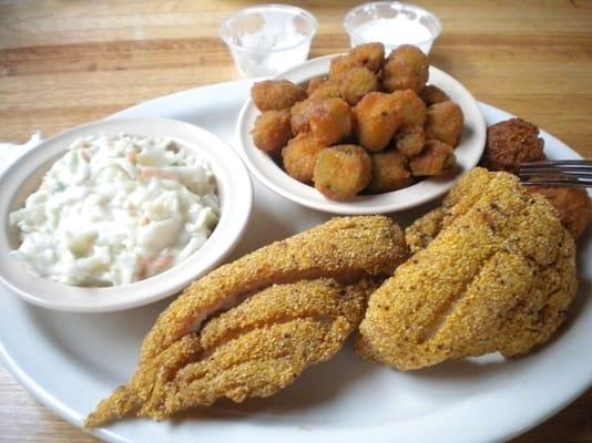 regular cat fish filets, okra, coleslaw and hush puppies