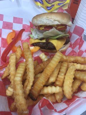 Half pound delicious Dewey Burger all the way combo