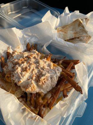 Crabby fries ($12) and loaded crab quesadilla ($12)