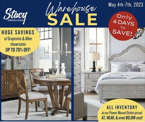 Stacy's Warehouse Sale is this weekend, May 4th-7th! All NEW furniture is priced AT, NEAR & even BELOW COST! Come see us today!