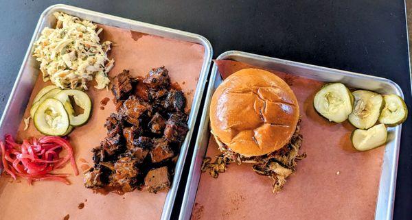 Burnt ends platter and pulled pork sandwich