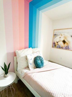 Kids bedroom makeover.  Client wanted rainbows, unicorns/horses and pink.