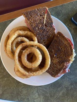 Reuben and onion rings