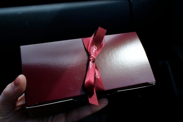 Wrapped up so nicely with Drew's Chocolates ribbon.