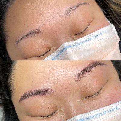 Before and after microshading- a combination of the natural looking, realistic hairstrokes of microblading with light machine shading.