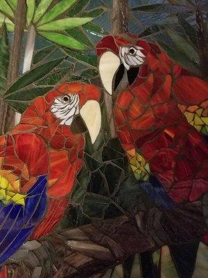 Maccaw parrots custom design for large dining room window. Stained glass