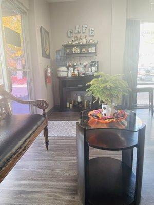 Reception area with coffee and tea options