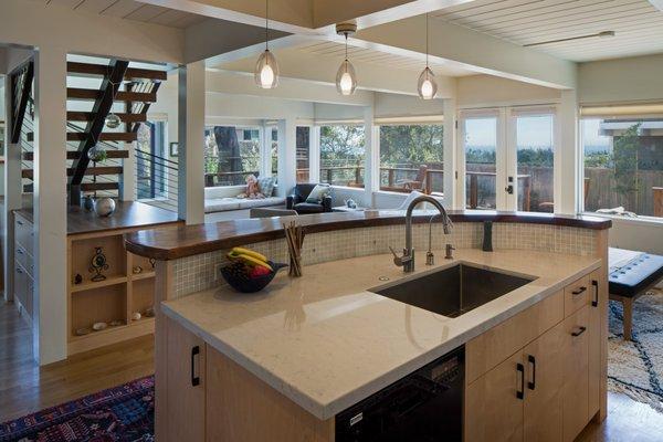 New kitchen with new ocean view in Half Moon Bay whole house remodel.