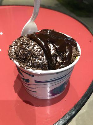 Ice cream + hot fudge = Yum