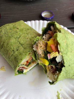 Breakfast veggie wrap with turkey bacon, smoked Gouda cheese and all the veggies. Yummy