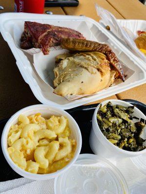 Meal deal - ribs and chicken with collard greens and mac and cheese