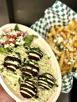 Falafel plate and Greek fries