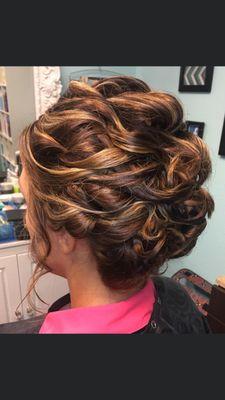 Brown/Auburn color with highlights and lowlights for dimension.  Updo by Monique