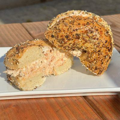 Salmon Spread on a freshly baked Everything Bagel