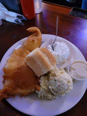 Beer battered haddock(so good) with potato salad and cottage cheese.