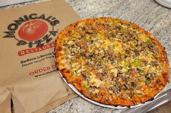 16" thin crust with sausage, mushrooms, green peppers