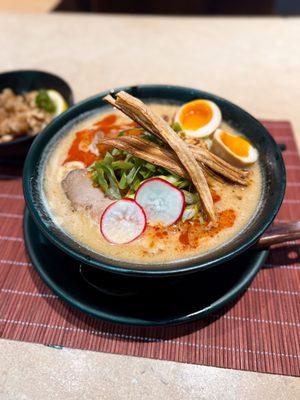 Spicy Toripaitan - chicken porcini mushroom soup, shoyu tare, Mensho chili paste, pork chashu, fried garlic, gobo chips, fresh wheat noodle