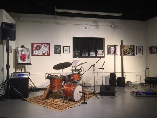 Set up for a jazz show inside.